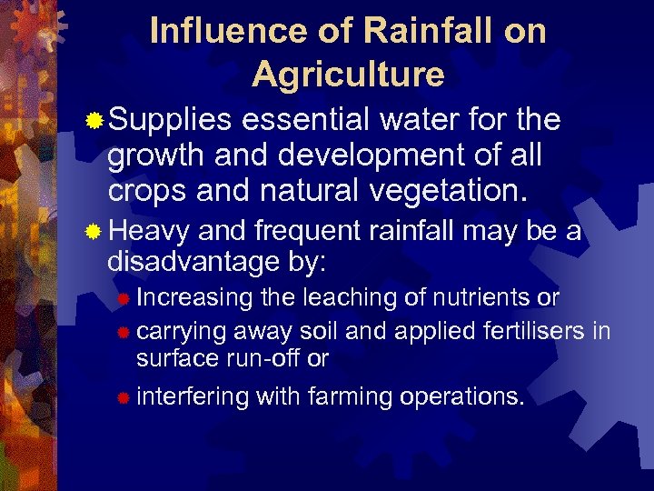 Influence of Rainfall on Agriculture ® Supplies essential water for the growth and development