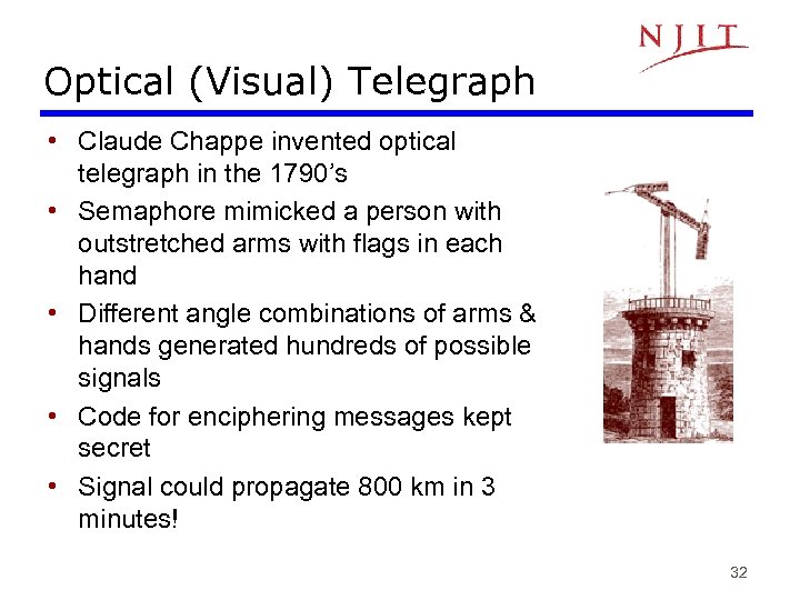 Optical (Visual) Telegraph • Claude Chappe invented optical telegraph in the 1790’s • Semaphore