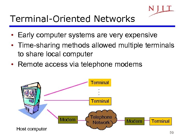 Terminal-Oriented Networks • Early computer systems are very expensive • Time-sharing methods allowed multiple