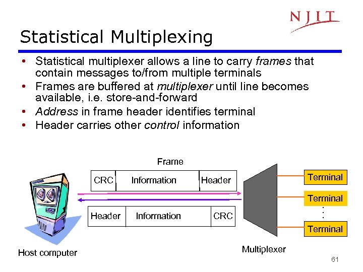 Statistical Multiplexing • Statistical multiplexer allows a line to carry frames that contain messages