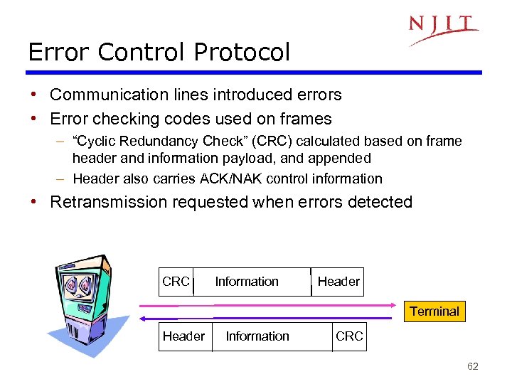 Error Control Protocol • Communication lines introduced errors • Error checking codes used on