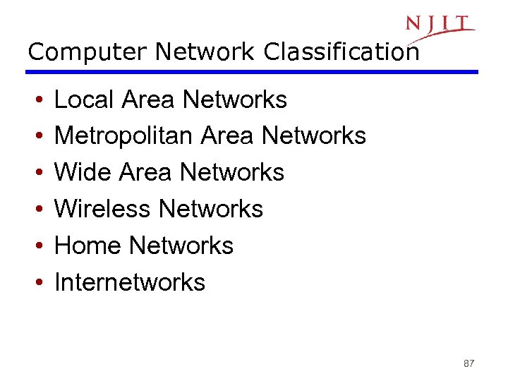 Computer Network Classification • • • Local Area Networks Metropolitan Area Networks Wide Area