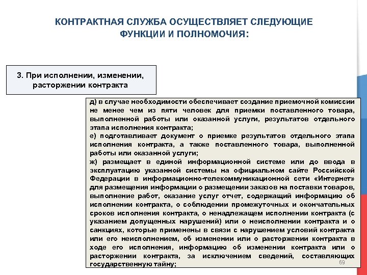 КОНТРАКТНАЯ СЛУЖБА ОСУЩЕСТВЛЯЕТ СЛЕДУЮЩИЕ ФУНКЦИИ И ПОЛНОМОЧИЯ: 3. При исполнении, изменении, расторжении контракта д)