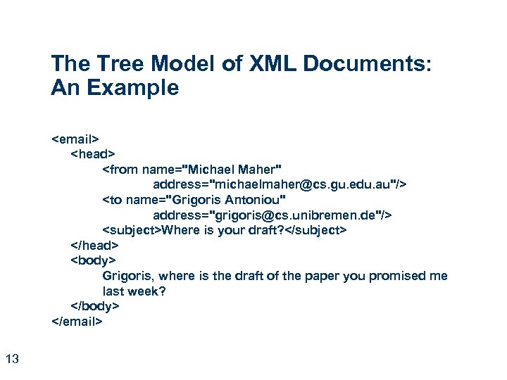 The Tree Model of XML Documents: An Example <email> <head> <from name="Michael Maher" address="michaelmaher@cs.
