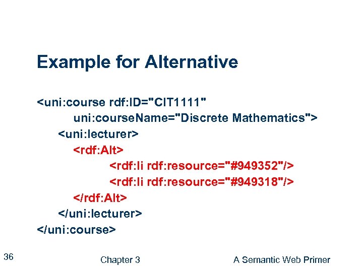 Example for Alternative <uni: course rdf: ID="CIT 1111" uni: course. Name="Discrete Mathematics"> <uni: lecturer>