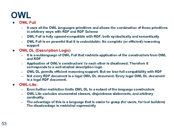 OWL l OWL Full – – – l OWL DL (Description Logic) – –