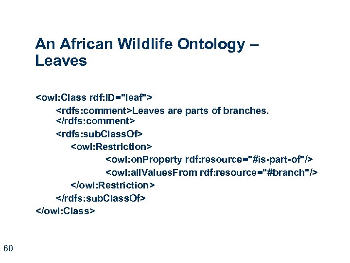 An African Wildlife Ontology – Leaves <owl: Class rdf: ID="leaf"> <rdfs: comment>Leaves are parts