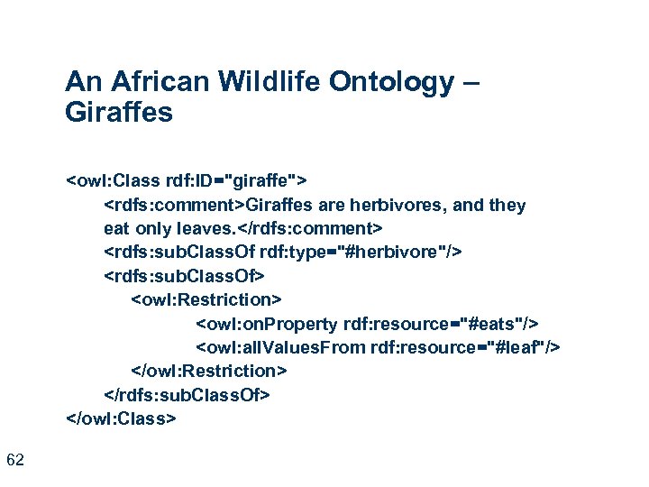 An African Wildlife Ontology – Giraffes <owl: Class rdf: ID="giraffe"> <rdfs: comment>Giraffes are herbivores,