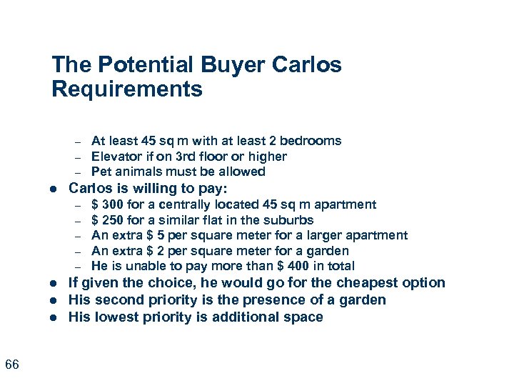 The Potential Buyer Carlos Requirements – – – l Carlos is willing to pay: