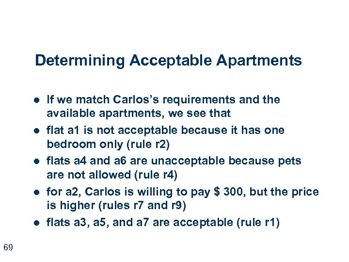 Determining Acceptable Apartments l l l 69 If we match Carlos’s requirements and the