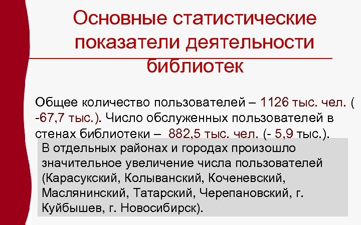Основные статистические показатели деятельности библиотек Общее количество пользователей – 1126 тыс. чел. ( -67,