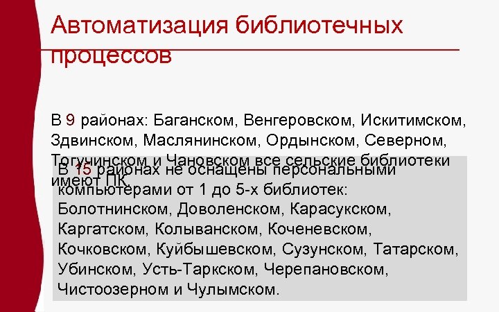 Автоматизация библиотечных процессов В 9 районах: Баганском, Венгеровском, Искитимском, Здвинском, Маслянинском, Ордынском, Северном, Тогучинском