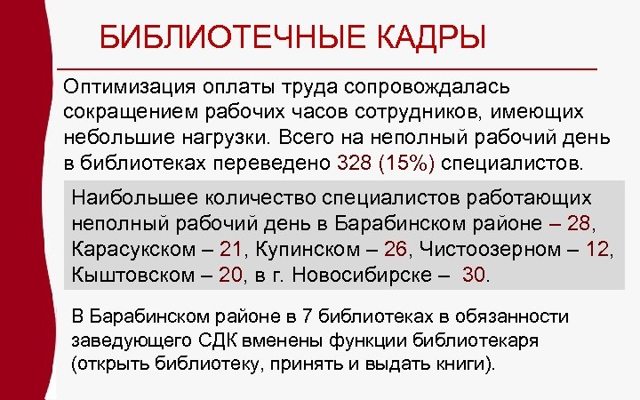 БИБЛИОТЕЧНЫЕ КАДРЫ Оптимизация оплаты труда сопровождалась сокращением рабочих часов сотрудников, имеющих небольшие нагрузки. Всего