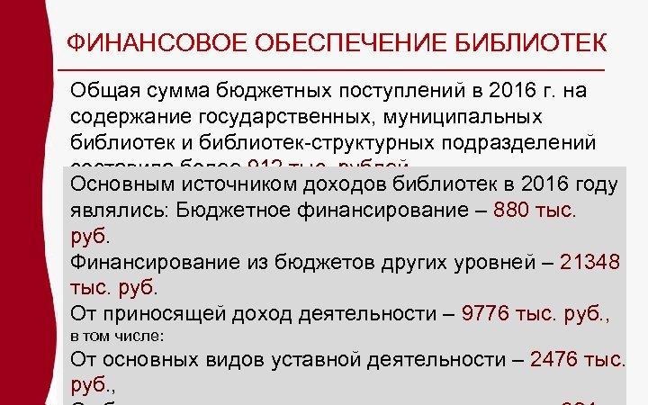 ФИНАНСОВОЕ ОБЕСПЕЧЕНИЕ БИБЛИОТЕК Общая сумма бюджетных поступлений в 2016 г. на содержание государственных, муниципальных