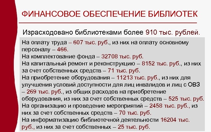 ФИНАНСОВОЕ ОБЕСПЕЧЕНИЕ БИБЛИОТЕК Израсходовано библиотеками более 910 тыс. рублей. На оплату труда – 607