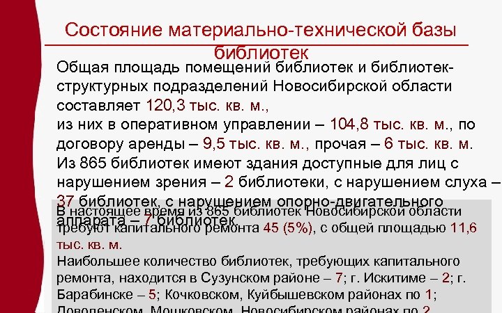 Состояние материально-технической базы библиотек Общая площадь помещений библиотек и библиотекструктурных подразделений Новосибирской области составляет