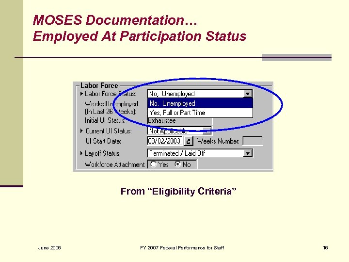 MOSES Documentation… Employed At Participation Status From “Eligibility Criteria” June 2006 FY 2007 Federal