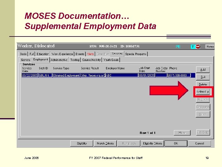 MOSES Documentation… Supplemental Employment Data June 2006 FY 2007 Federal Performance for Staff 19
