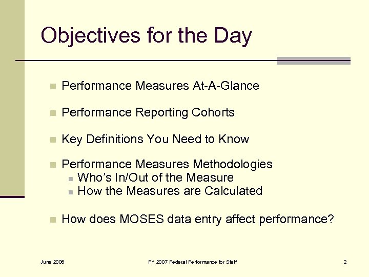 Objectives for the Day n Performance Measures At-A-Glance n Performance Reporting Cohorts n Key