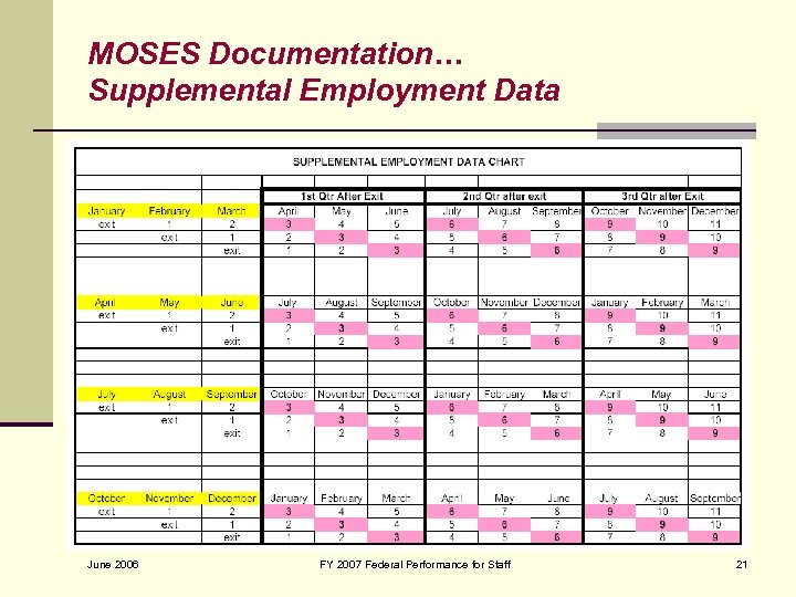 MOSES Documentation… Supplemental Employment Data June 2006 FY 2007 Federal Performance for Staff 21