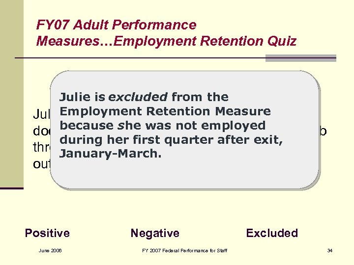 FY 07 Adult Performance Measures…Employment Retention Quiz Julie is excluded from the Julie. Employment