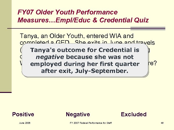 FY 07 Older Youth Performance Measures…Empl/Educ & Credential Quiz Tanya, an Older Youth, entered