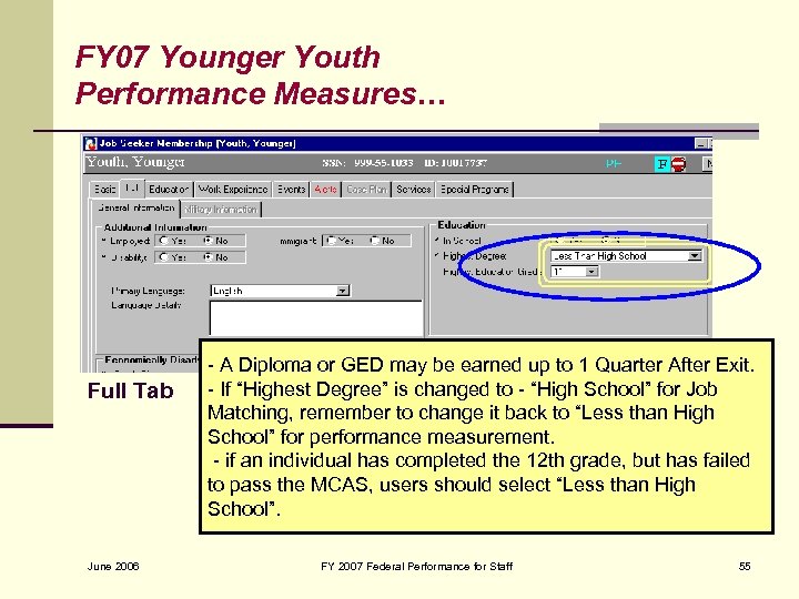 FY 07 Younger Youth Performance Measures… Full Tab June 2006 - A Diploma or