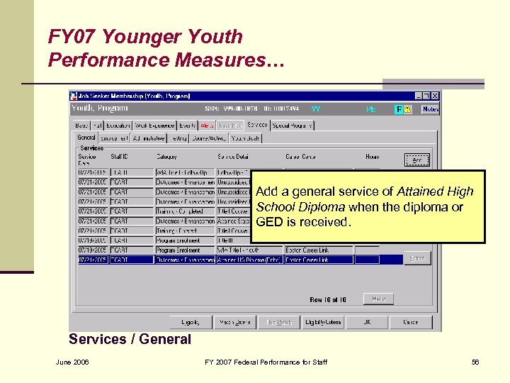 FY 07 Younger Youth Performance Measures… Add a general service of Attained High School