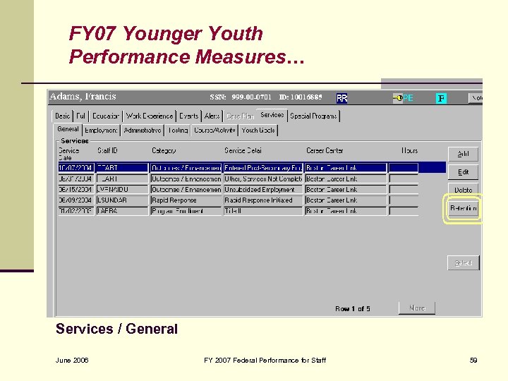 FY 07 Younger Youth Performance Measures… Services / General June 2006 FY 2007 Federal