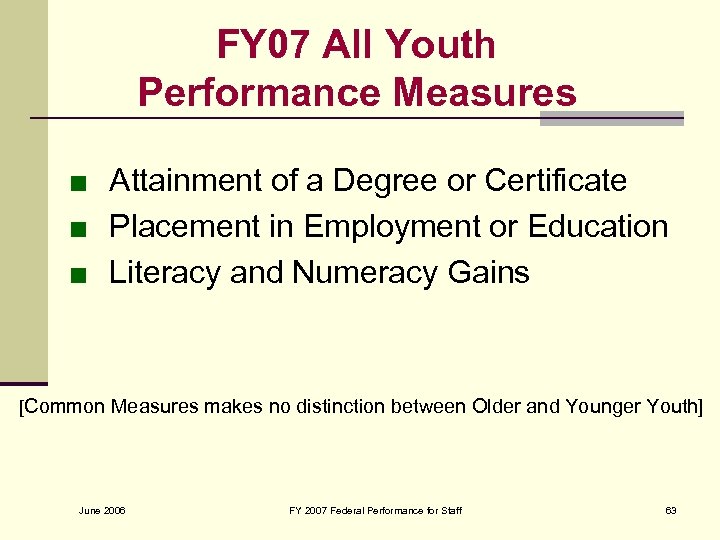 FY 07 All Youth Performance Measures ■ Attainment of a Degree or Certificate ■