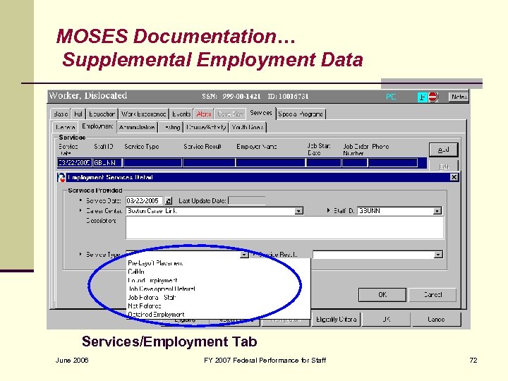 MOSES Documentation… Supplemental Employment Data Services/Employment Tab June 2006 FY 2007 Federal Performance for
