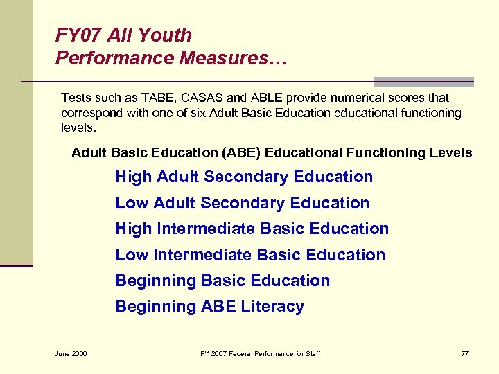 FY 07 All Youth Performance Measures… Tests such as TABE, CASAS and ABLE provide