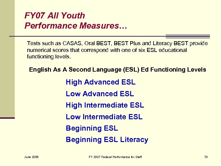 FY 07 All Youth Performance Measures… Tests such as CASAS, Oral BEST, BEST Plus