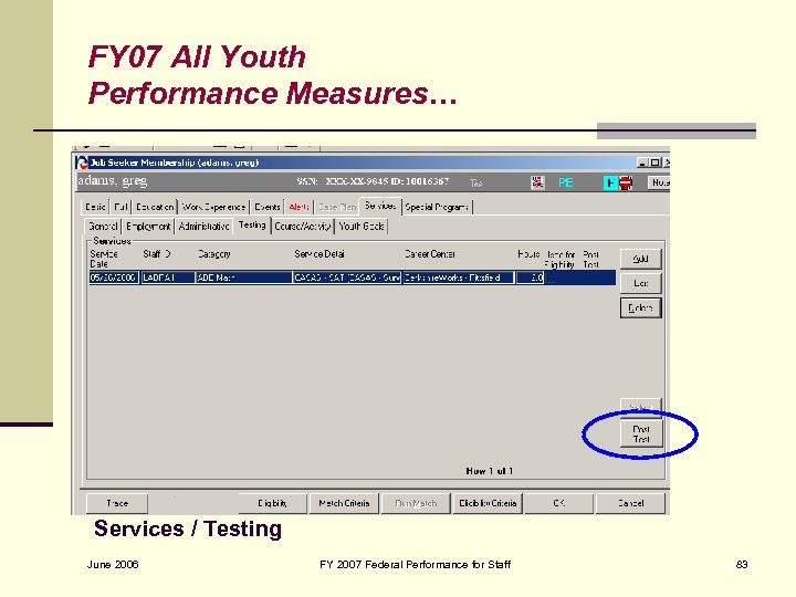 FY 07 All Youth Performance Measures… Services / Testing June 2006 FY 2007 Federal