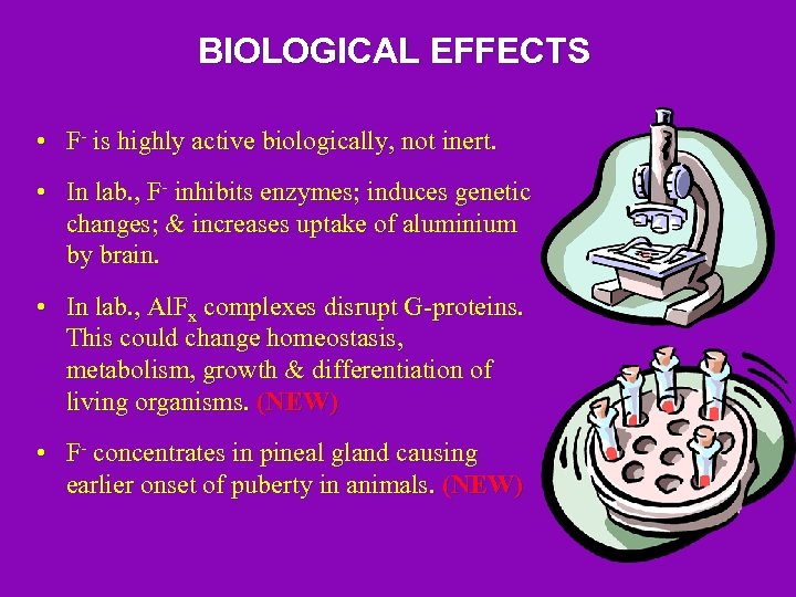 BIOLOGICAL EFFECTS • F- is highly active biologically, not inert. • In lab. ,