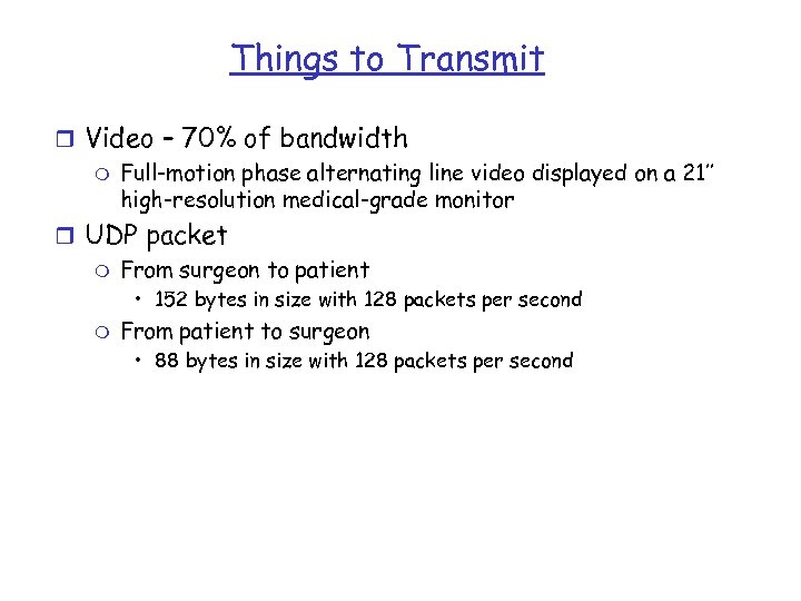 Things to Transmit r Video – 70% of bandwidth m Full-motion phase alternating line