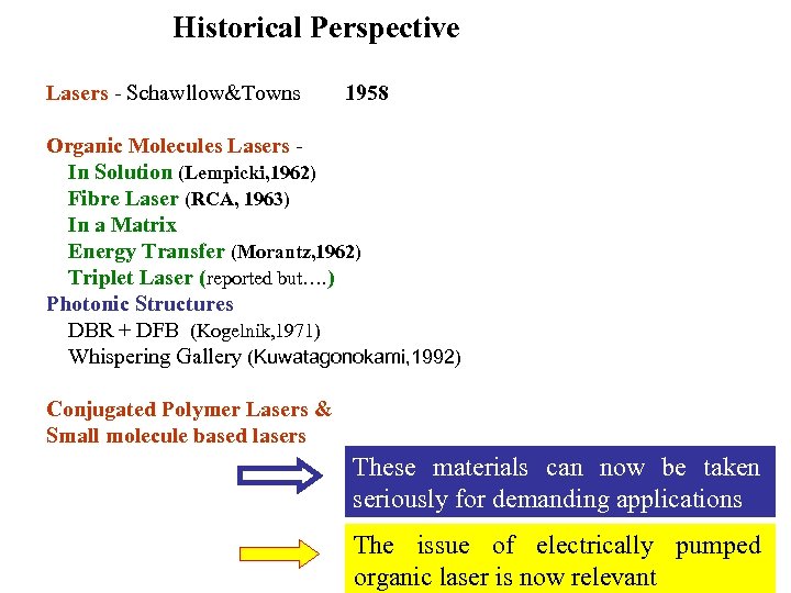 Historical Perspective Lasers - Schawllow&Towns 1958 Organic Molecules Lasers In Solution (Lempicki, 1962) Fibre