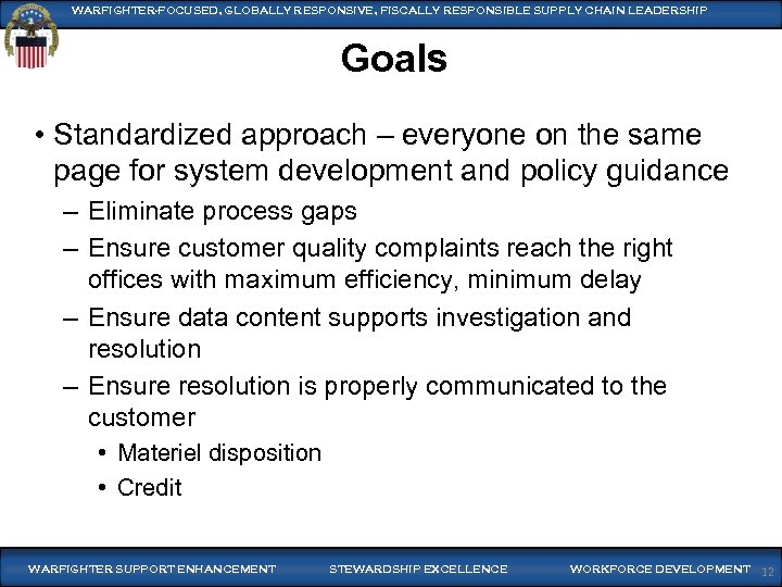 WARFIGHTER-FOCUSED, GLOBALLY RESPONSIVE, FISCALLY RESPONSIBLE SUPPLY CHAIN LEADERSHIP Goals • Standardized approach – everyone