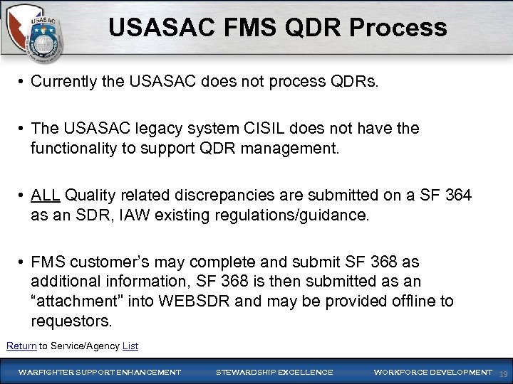 WARFIGHTER-FOCUSED, GLOBALLY RESPONSIVE, FISCALLY RESPONSIBLE SUPPLY CHAIN LEADERSHIP USASAC FMS QDR Process • Currently