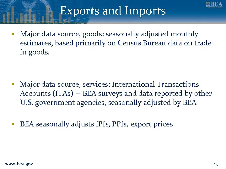 Exports and Imports ▪ Major data source, goods: seasonally adjusted monthly estimates, based primarily