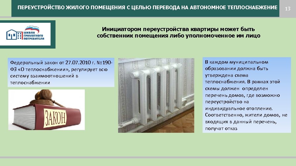 ПЕРЕУСТРОЙСТВО ЖИЛОГО ПОМЕЩЕНИЯ С ЦЕЛЬЮ ПЕРЕВОДА НА АВТОНОМНОЕ ТЕПЛОСНАБЖЕНИЕ 13 Инициатором переустройства квартиры может