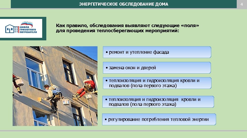 ЭНЕРГЕТИЧЕСКОЕ ОБСЛЕДОВАНИЕ ДОМА Как правило, обследования выявляют следующие «поля» для проведения теплосберегающих мероприятий: •