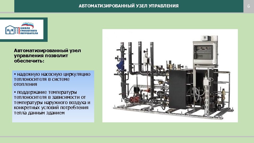 АВТОМАТИЗИРОВАННЫЙ УЗЕЛ УПРАВЛЕНИЯ Автоматизированный узел управления позволит обеспечить: • надежную насосную циркуляцию теплоносителя в