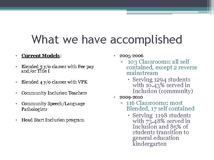 What we have accomplished • Current Models: • Blended 3 y/o classes with Fee