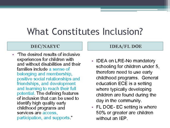 What Constitutes Inclusion? DEC/NAEYC IDEA/FL DOE • “The desired results of inclusive experiences for