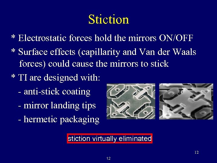 Stiction * Electrostatic forces hold the mirrors ON/OFF * Surface effects (capillarity and Van