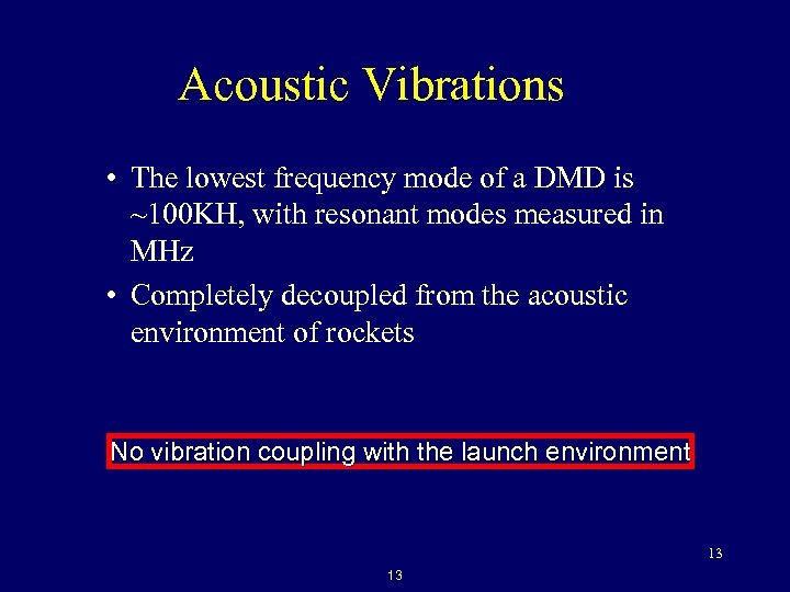 Acoustic Vibrations • The lowest frequency mode of a DMD is ~100 KH, with