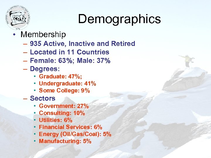 Demographics • Membership – – 935 Active, Inactive and Retired Located in 11 Countries