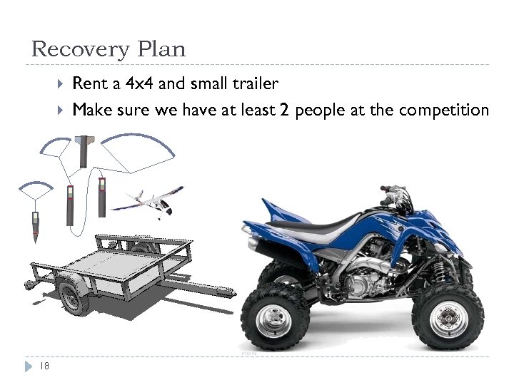 Recovery Plan 18 Rent a 4 x 4 and small trailer Make sure we
