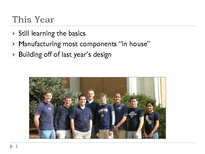 This Year Still learning the basics Manufacturing most components “in house” Building off of